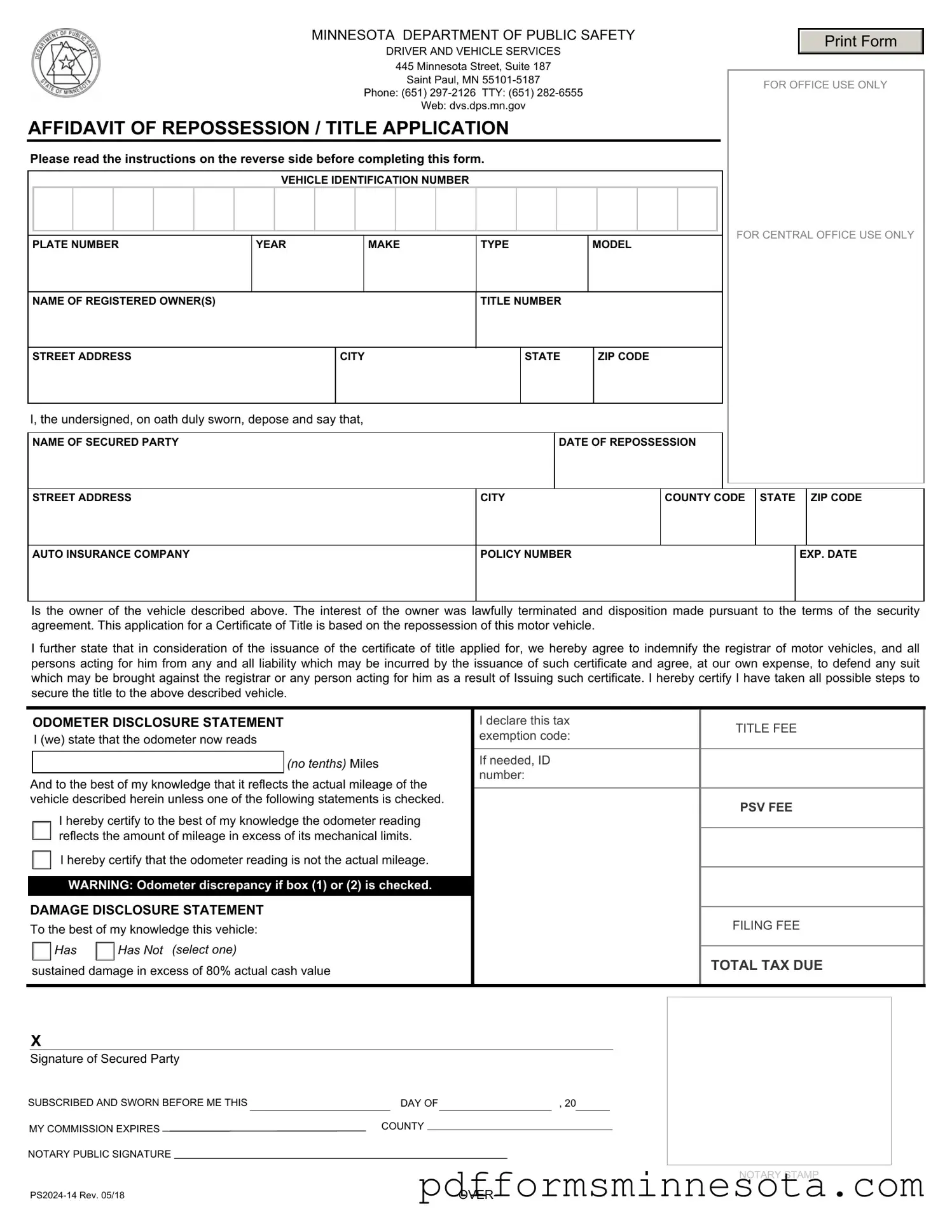 Get Affidavit Of Repossession Minnesota Template