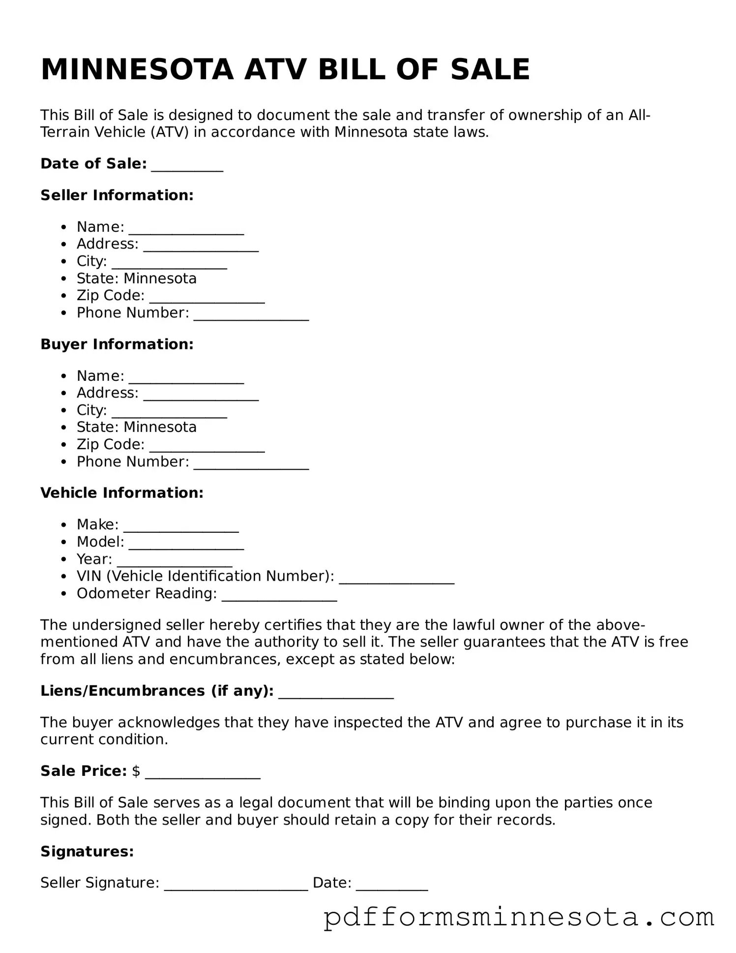 Legal Minnesota ATV Bill of Sale Template