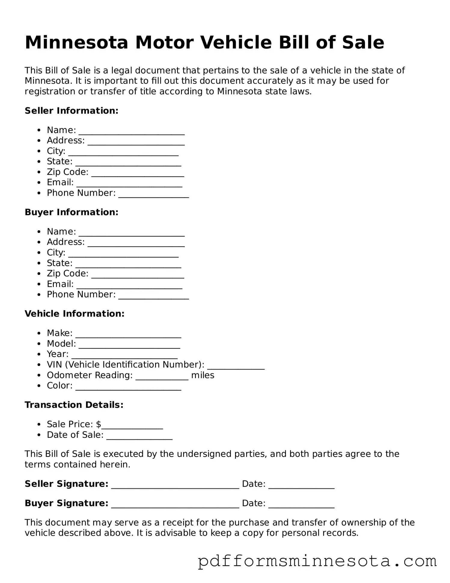 Legal Minnesota Motor Vehicle Bill of Sale Template