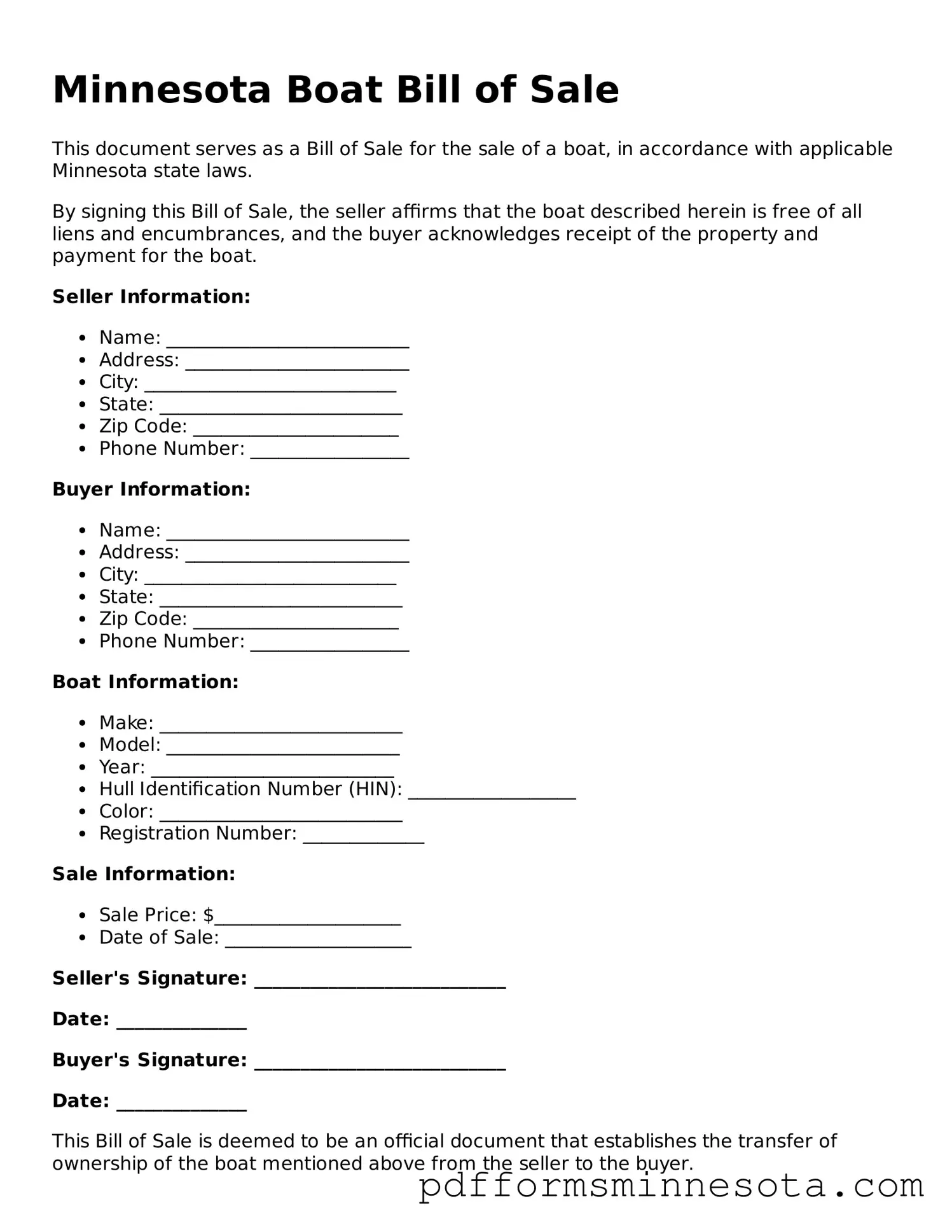Legal Minnesota Boat Bill of Sale Template