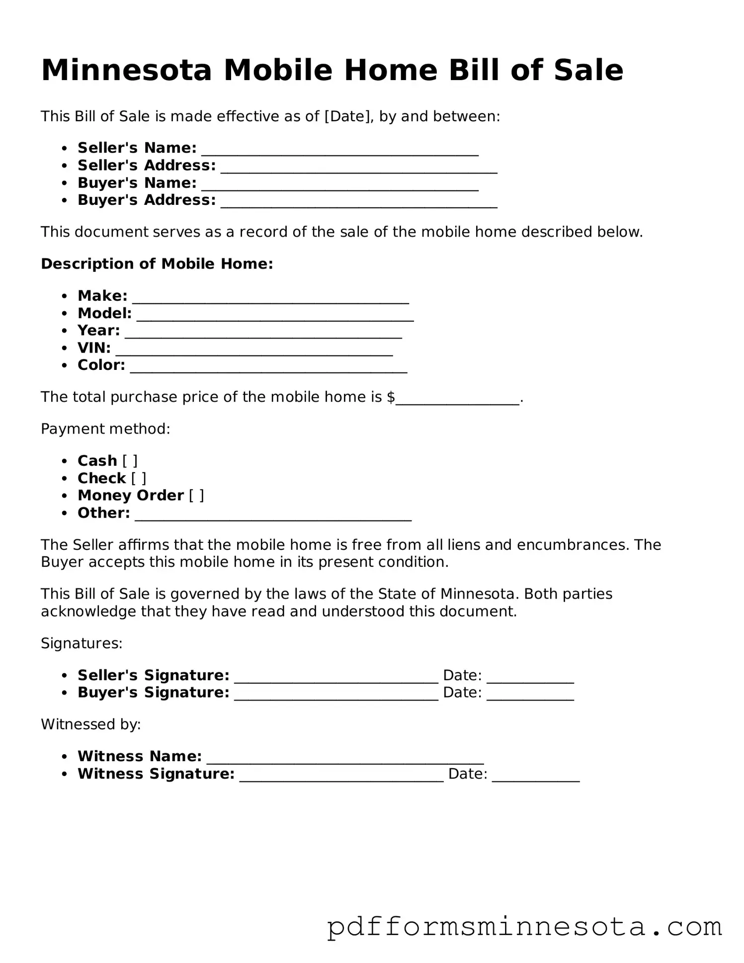 Legal Minnesota Mobile Home Bill of Sale Template