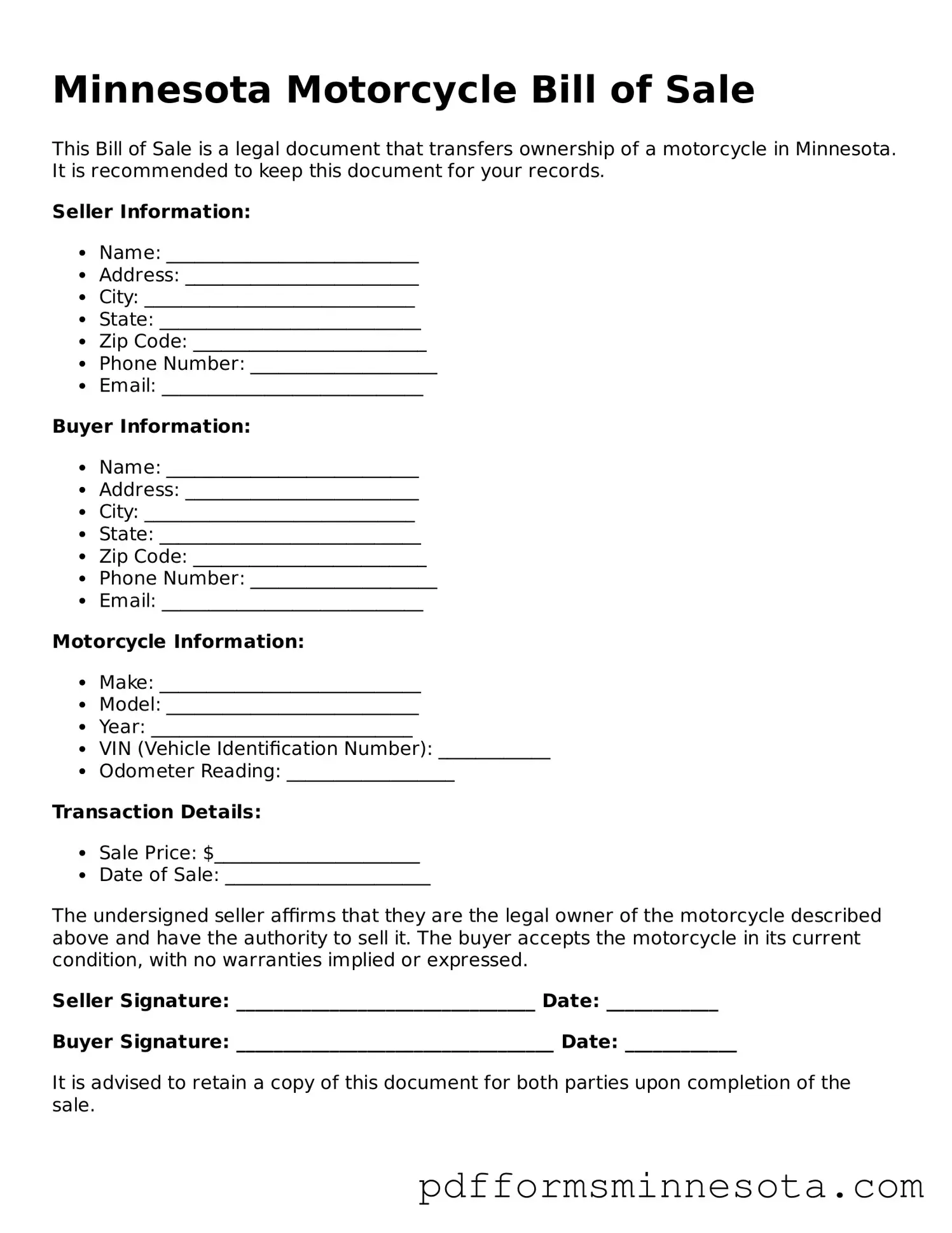 Legal Minnesota Motorcycle Bill of Sale Template
