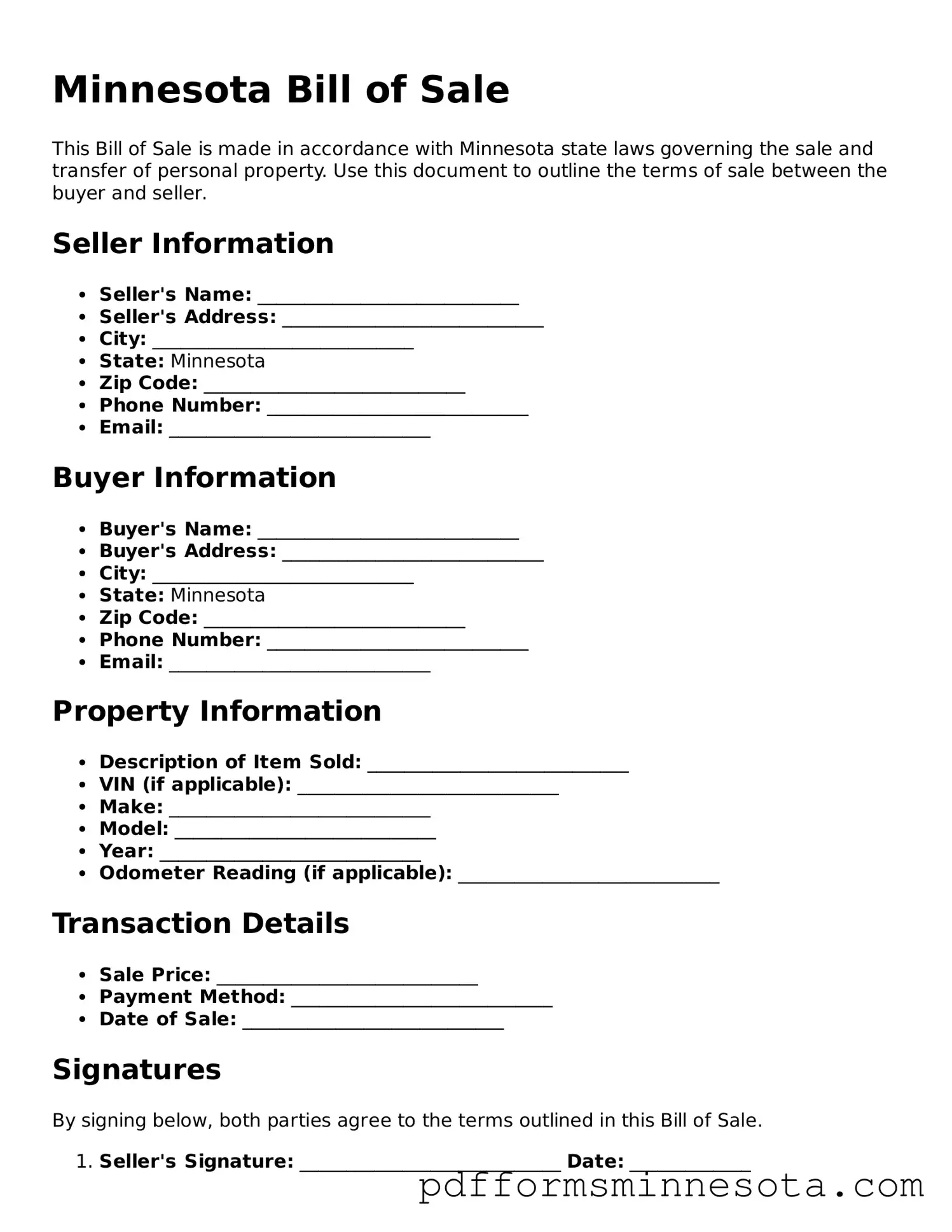 Legal Minnesota Bill of Sale Template