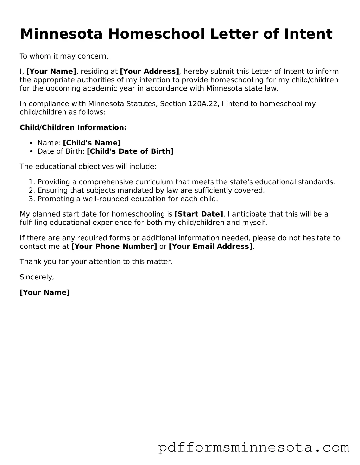 Legal Minnesota Homeschool Letter of Intent Template