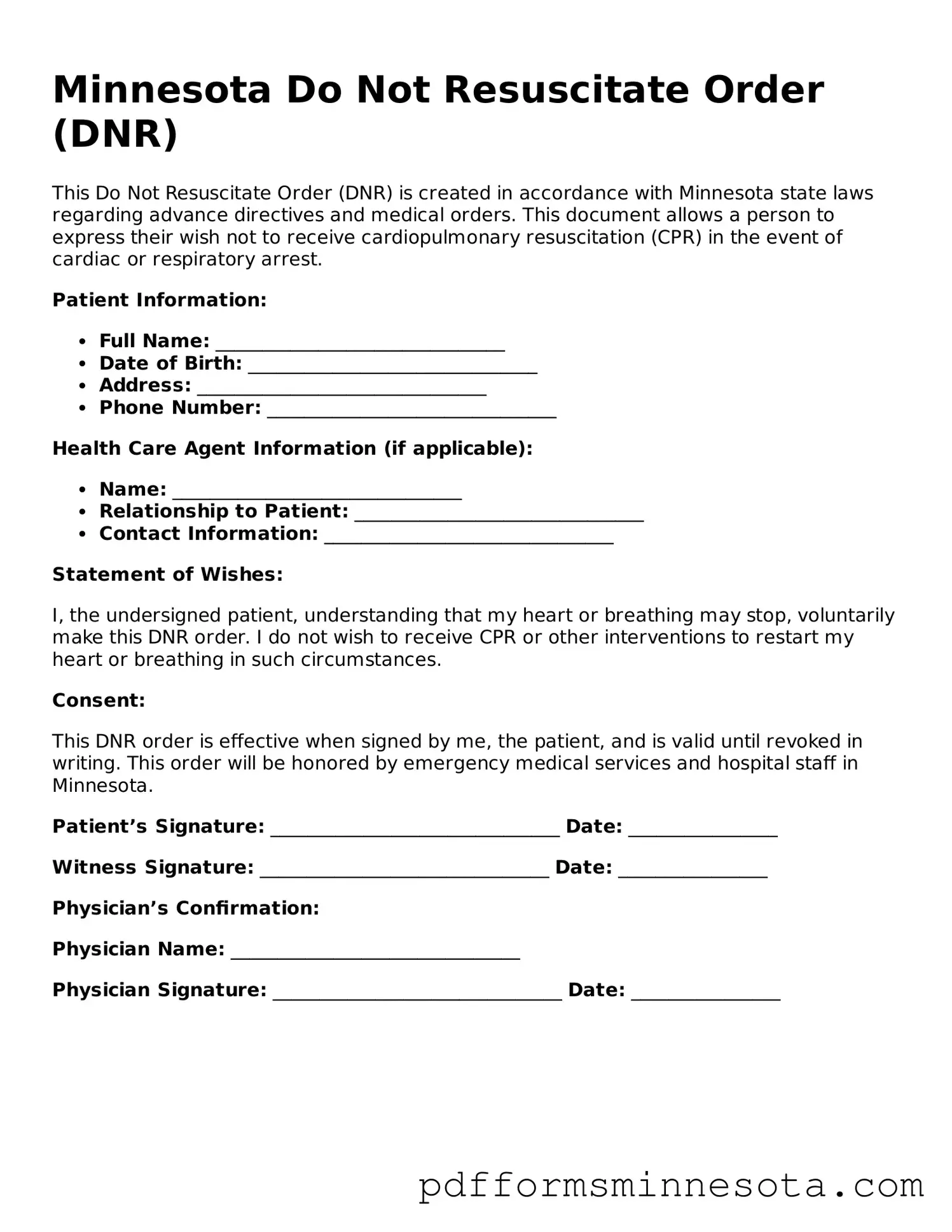 Legal Minnesota Do Not Resuscitate Order Template
