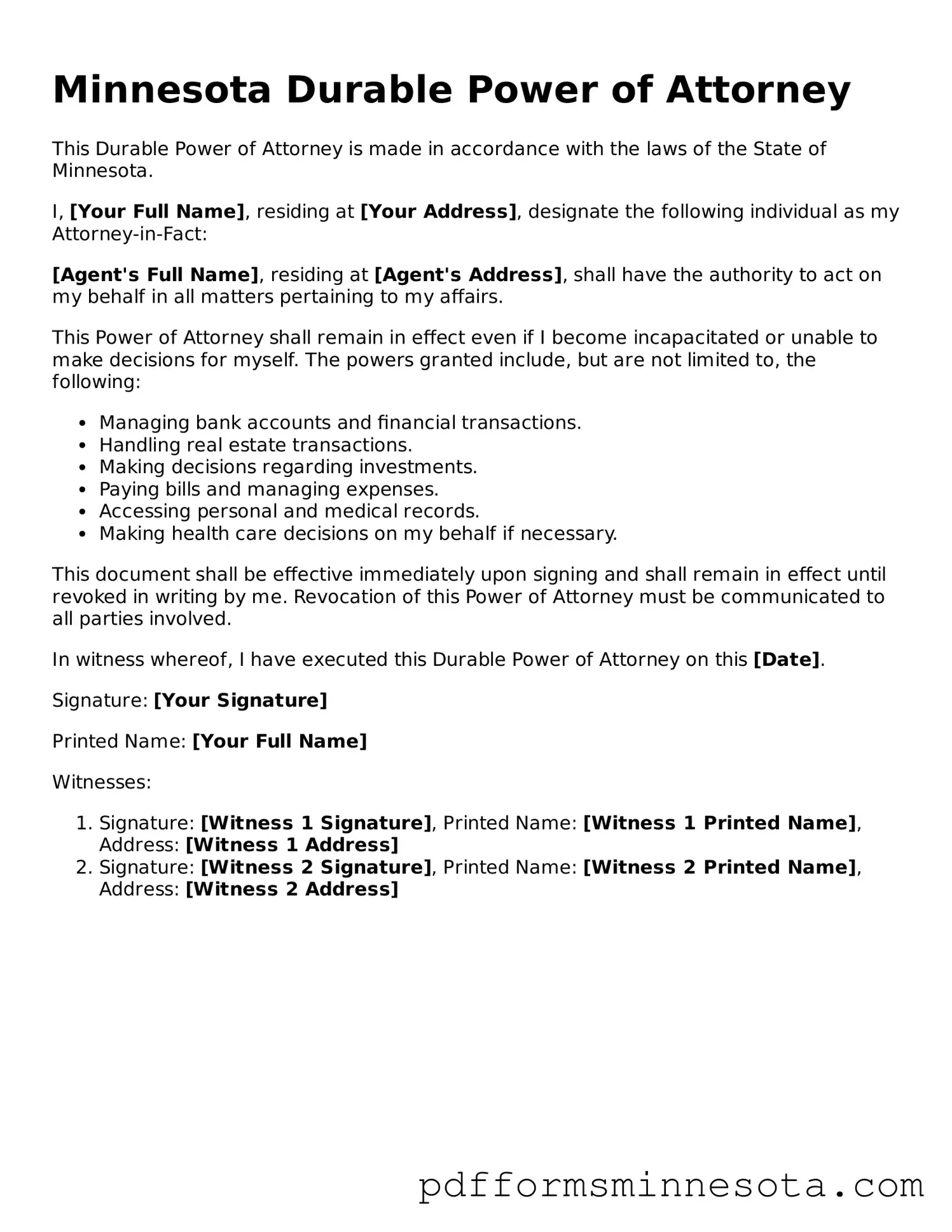 Legal Minnesota Durable Power of Attorney Template