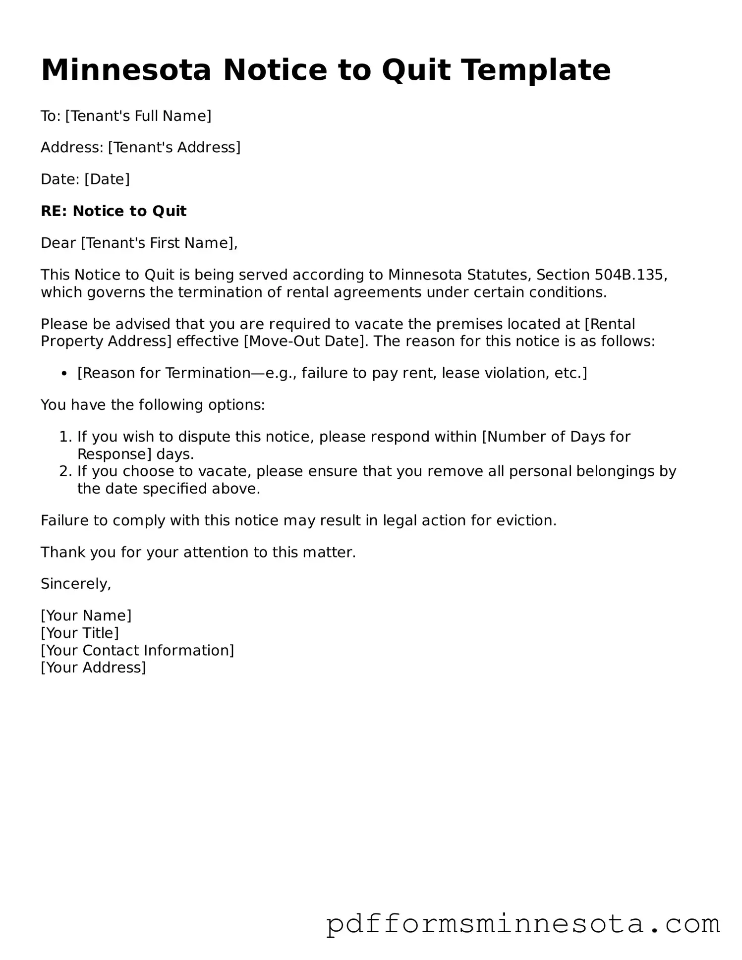 Legal Minnesota Notice to Quit Template