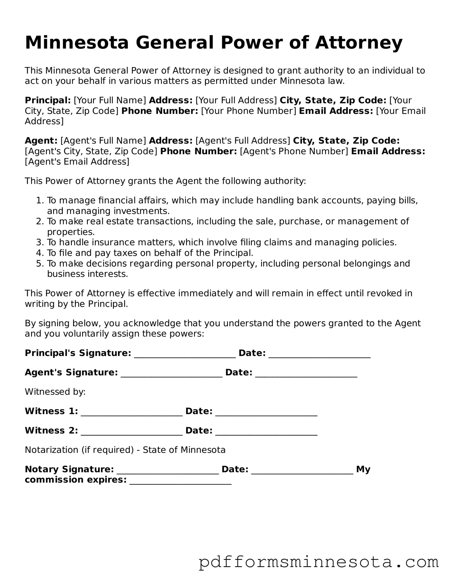 Legal Minnesota General Power of Attorney Template