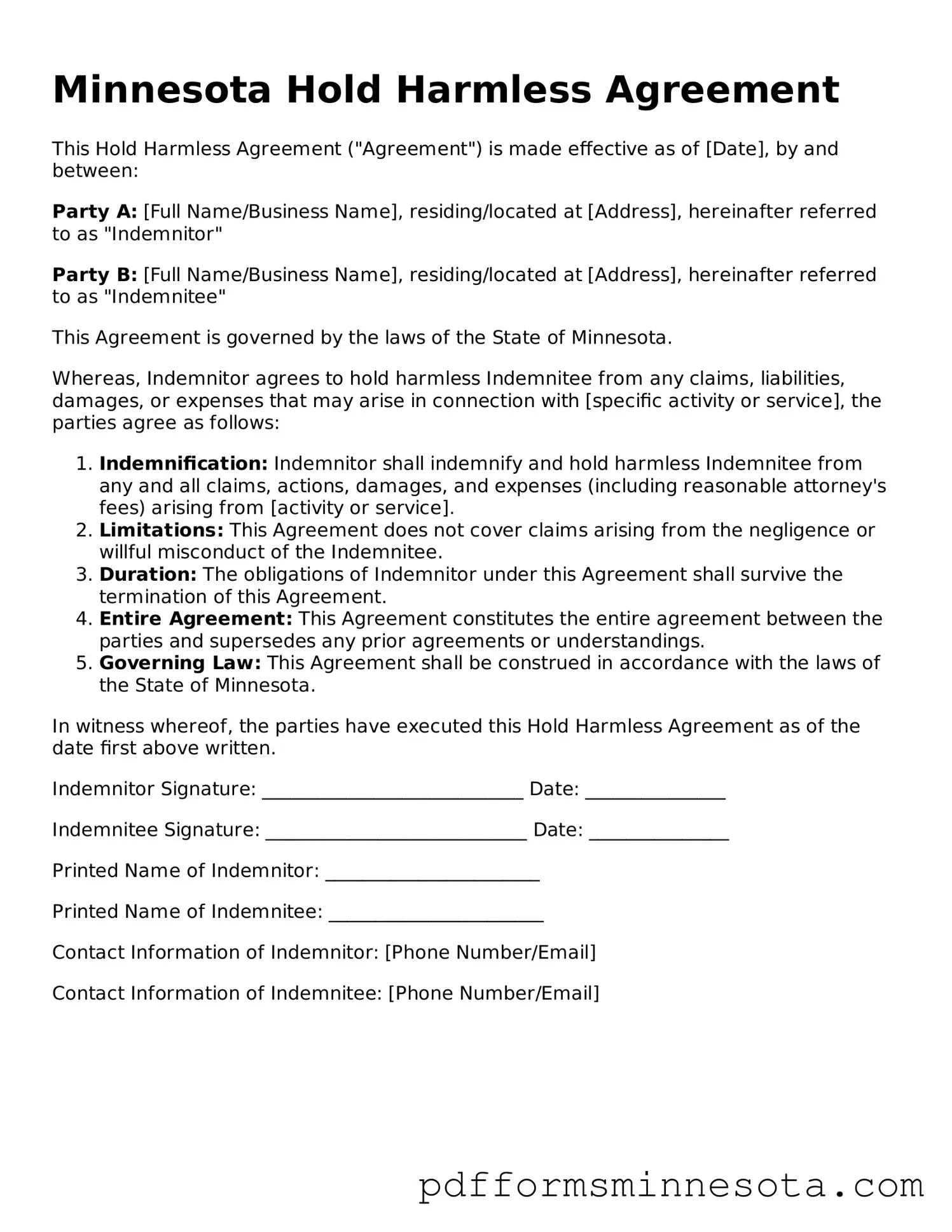 Legal Minnesota Hold Harmless Agreement Template