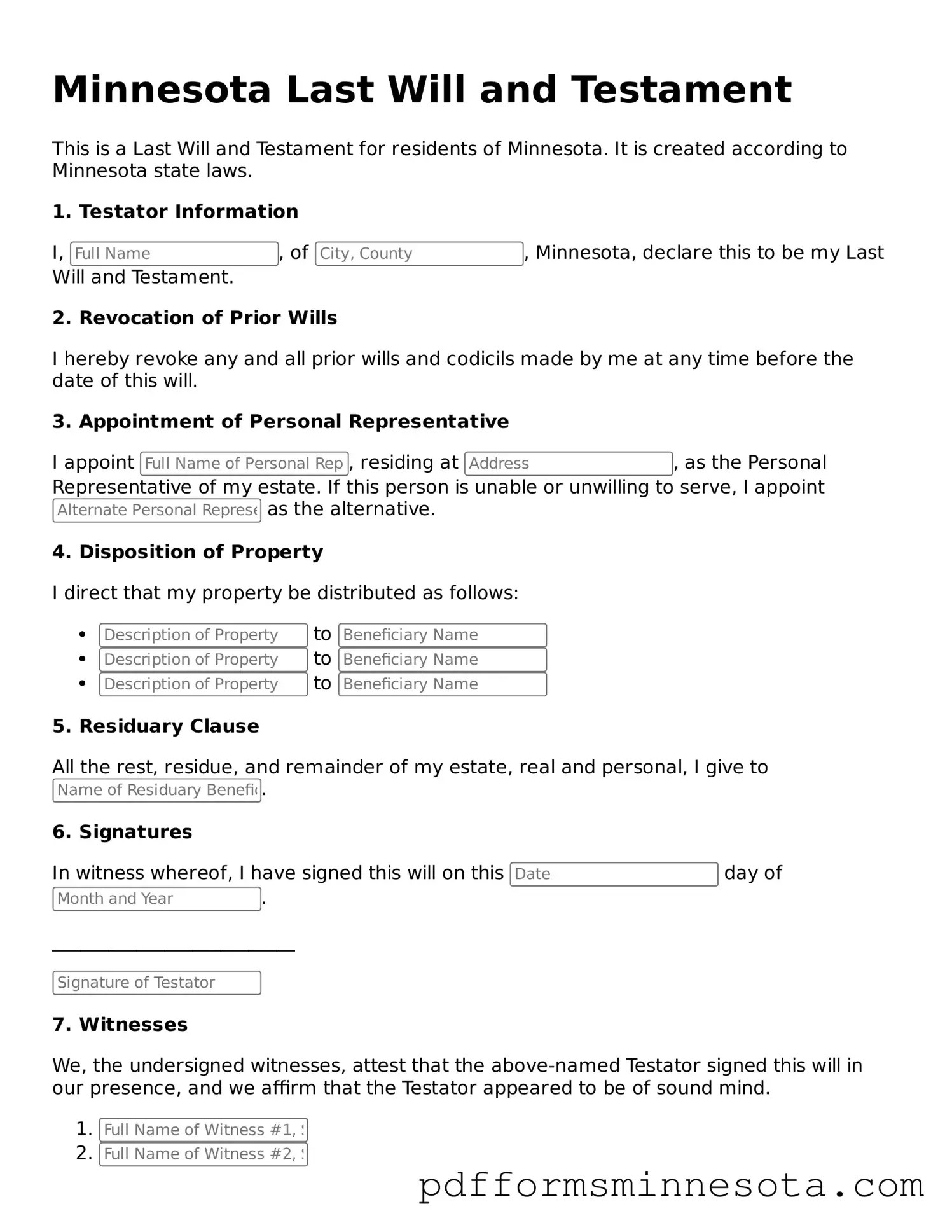 Legal Minnesota Last Will and Testament Template
