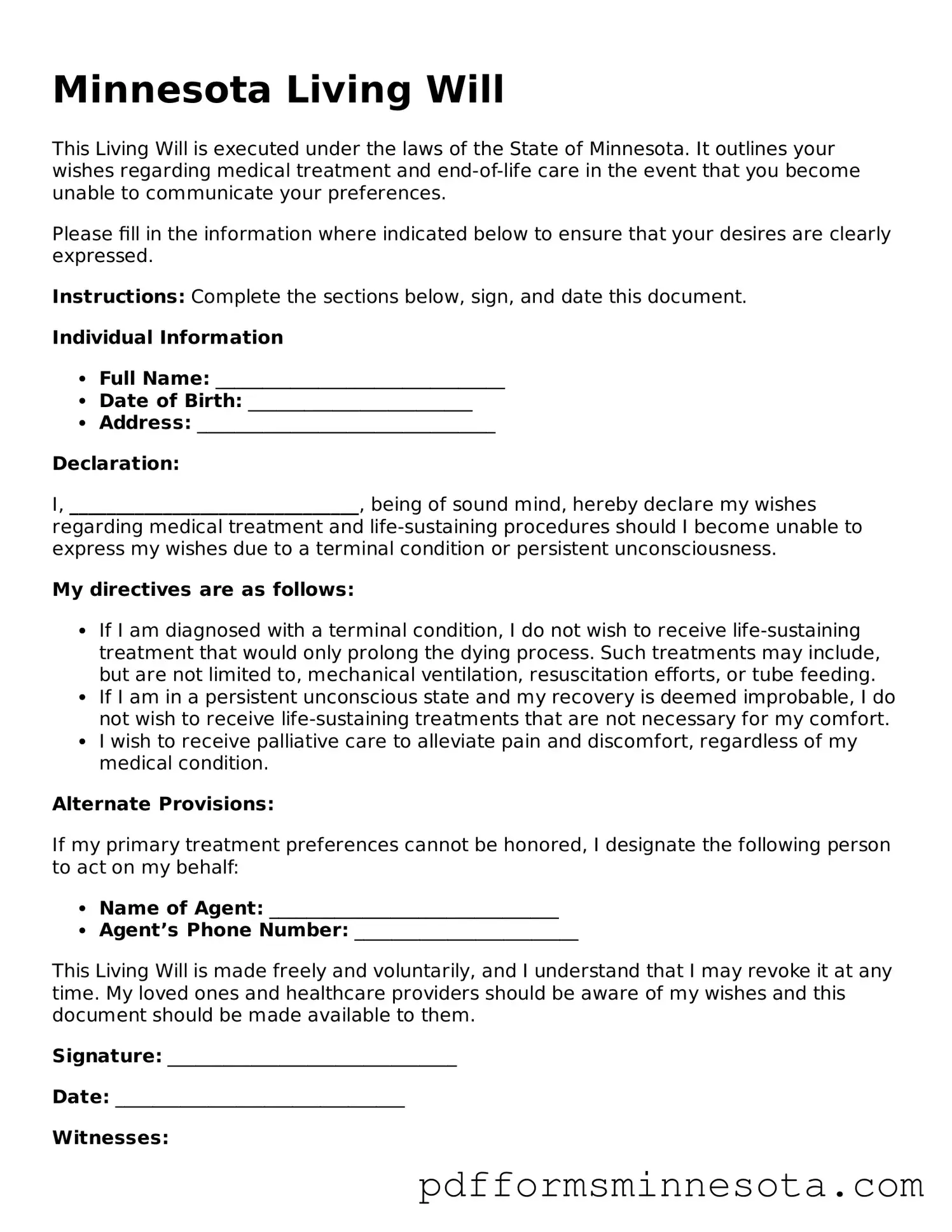 Legal Minnesota Living Will Template