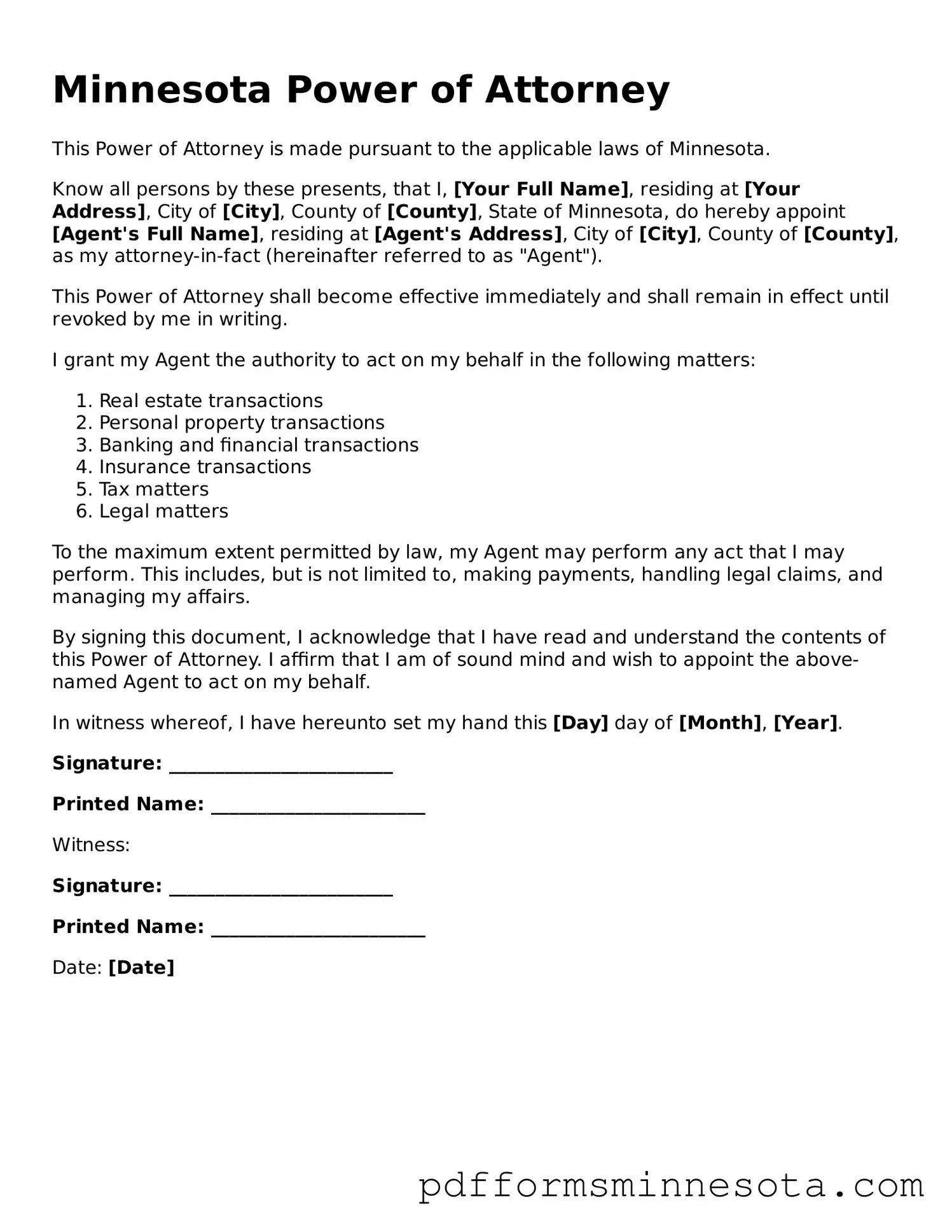Legal Minnesota Power of Attorney Template