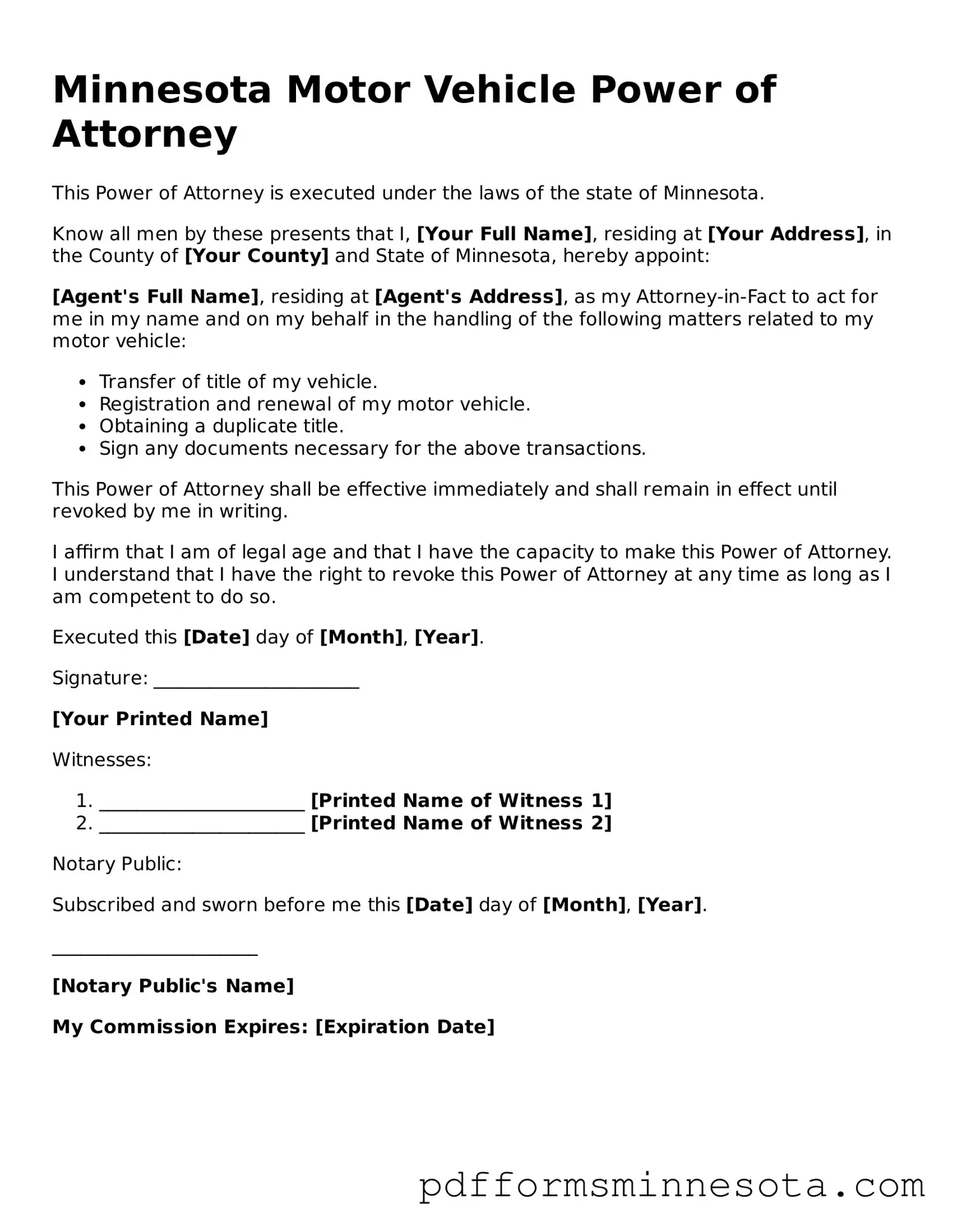 Legal Minnesota Motor Vehicle Power of Attorney Template