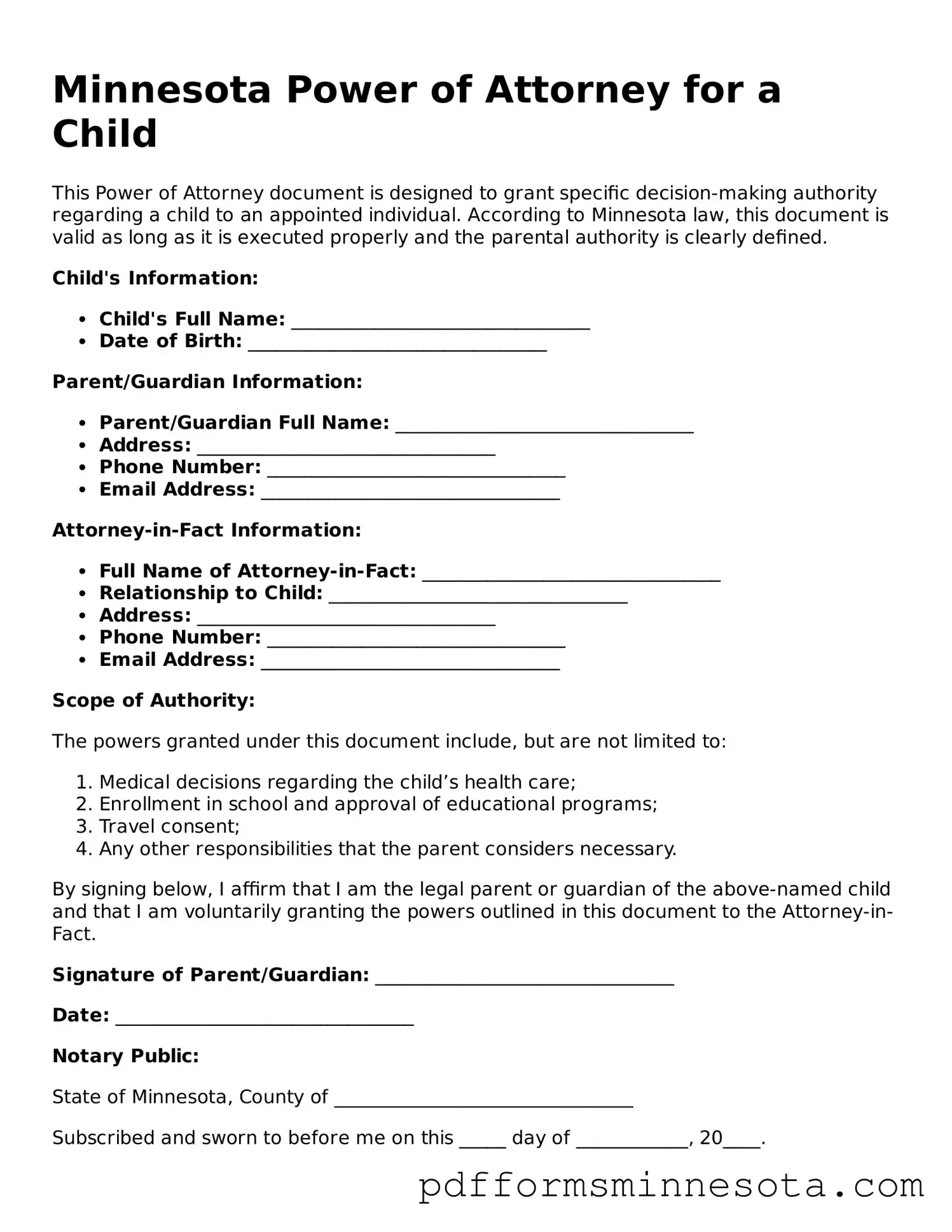 Legal Minnesota Power of Attorney for a Child Template