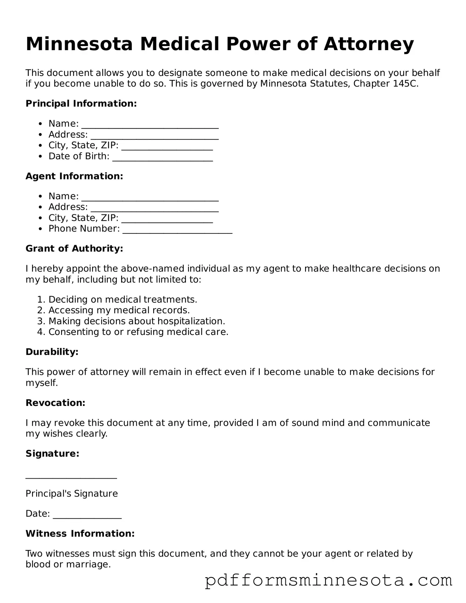Legal Minnesota Medical Power of Attorney Template