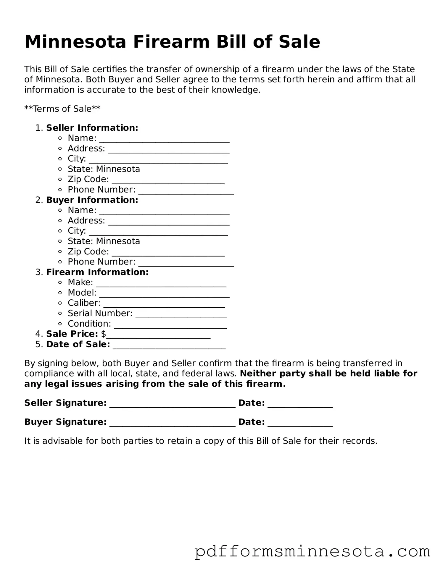 Legal Minnesota Firearm Bill of Sale Template