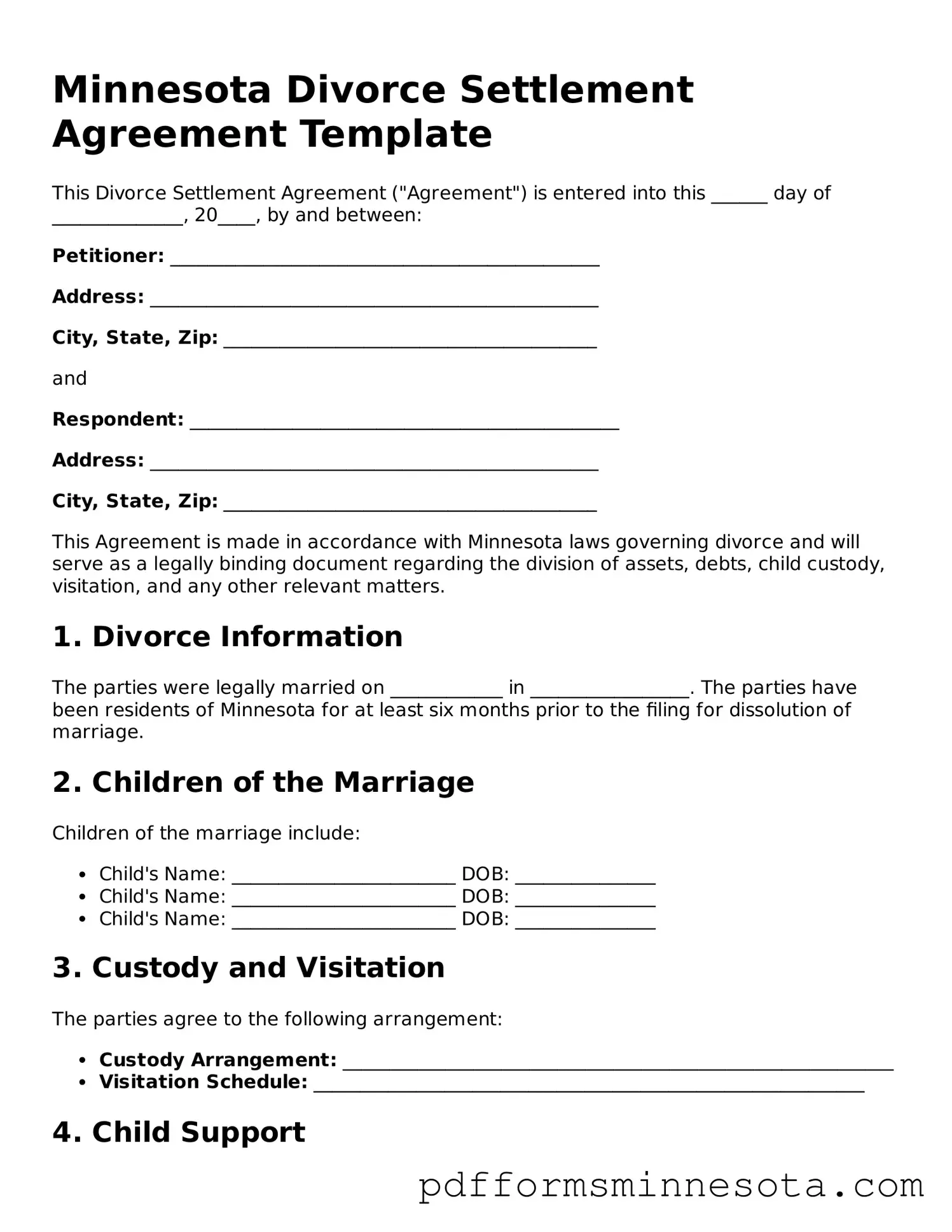 Legal Minnesota Divorce Settlement Agreement Template