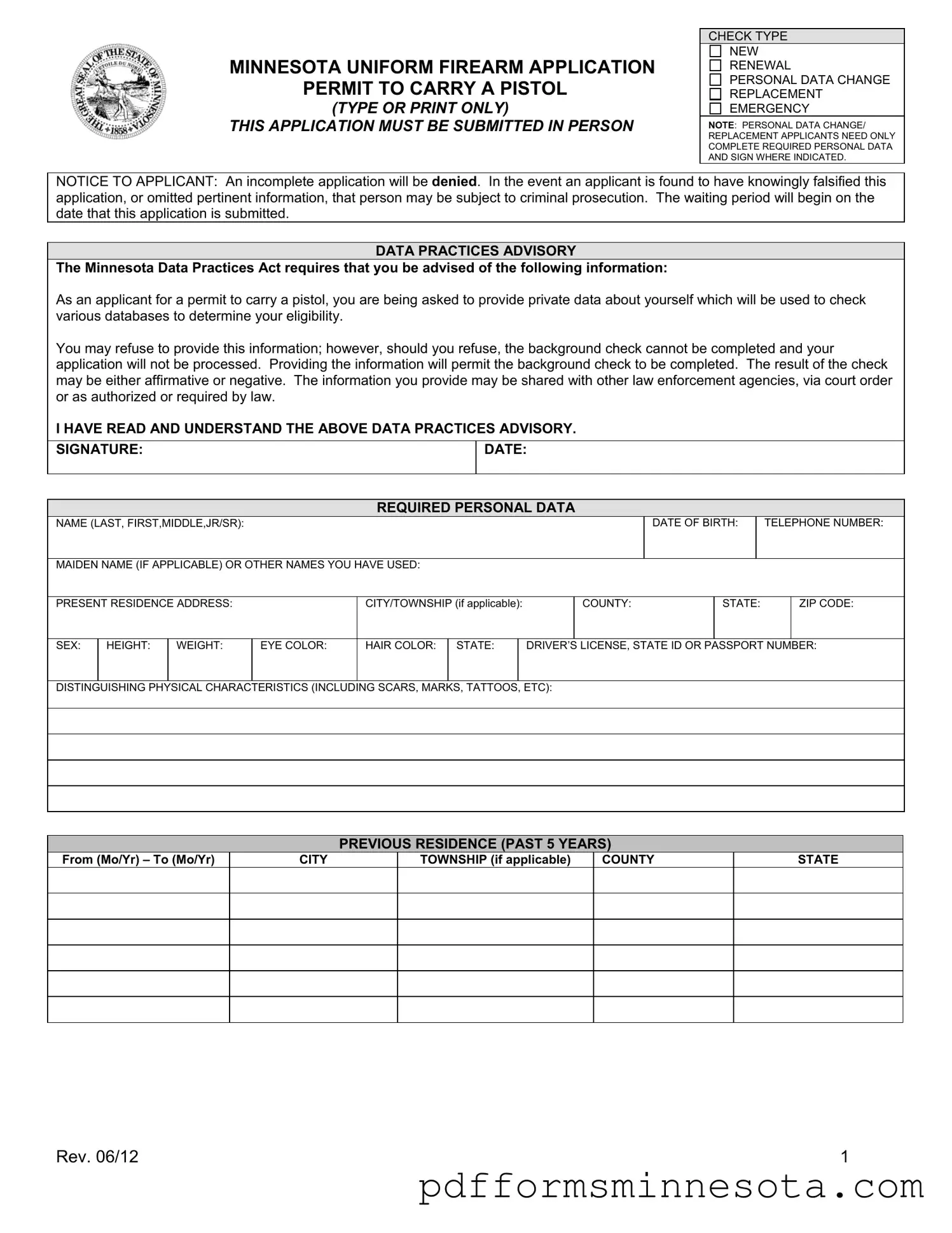Get Minnesota Uniform Firearm Application Template