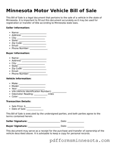 Legal Minnesota Motor Vehicle Bill of Sale Template