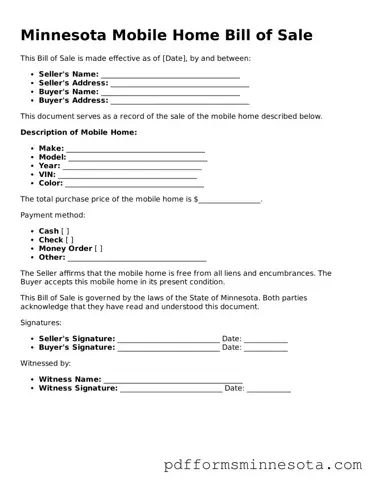 Legal Minnesota Mobile Home Bill of Sale Template