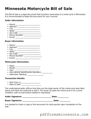 Legal Minnesota Motorcycle Bill of Sale Template