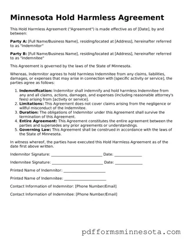 Legal Minnesota Hold Harmless Agreement Template